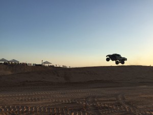 Steven Eugenio (#1) appears to putting an Exclamation Point on his here in lap 96 of 96 of the 2015 Rigid Industries SCORE Imperial 250 presented by the City of El Centro. Official Results were not yet in, but it appears Mexico's Tavo Vildosola captured the Trophy Truck Championship in #IV250, with Mexico's Lalo Laguna finishing second. 